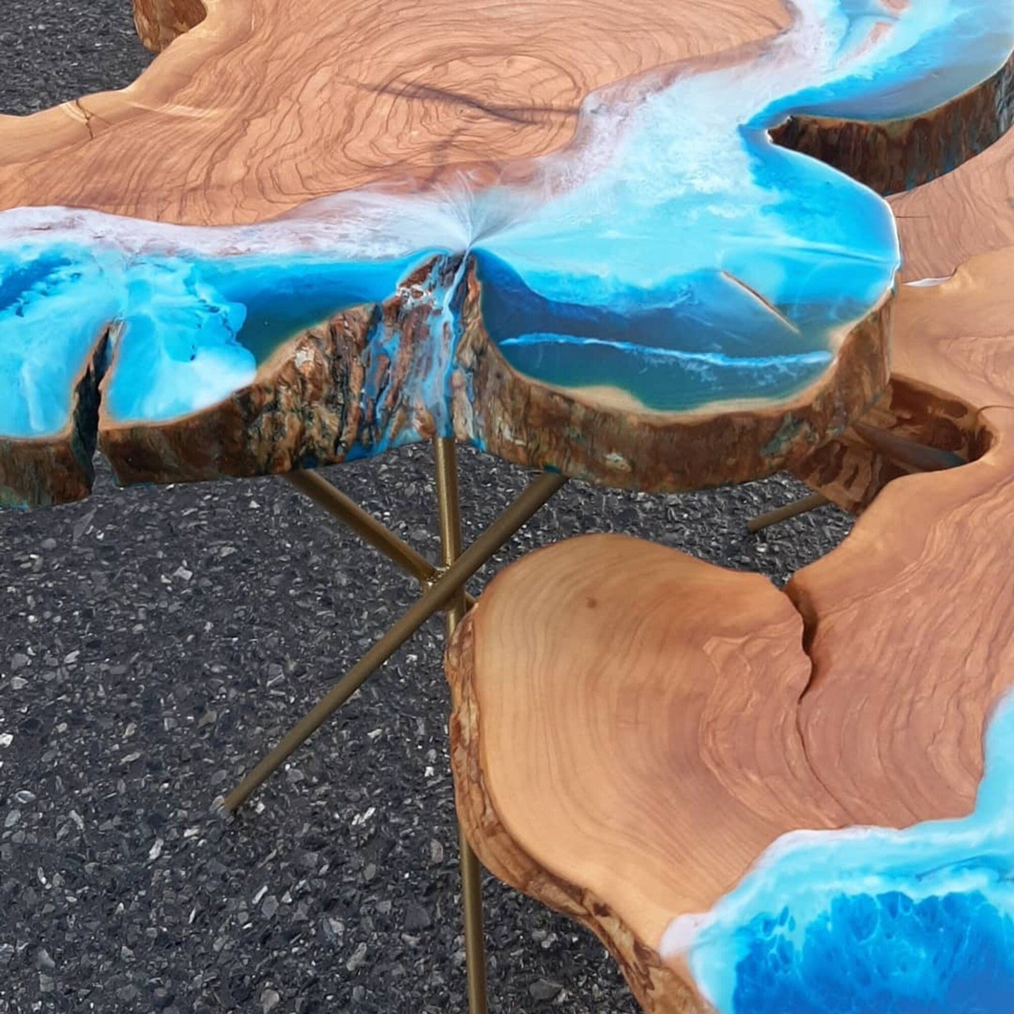 Coffee Table with Wave Epoxy Resin | Custom Ocean Live Edge Side Table - olive wood - Iron's Custom Wood