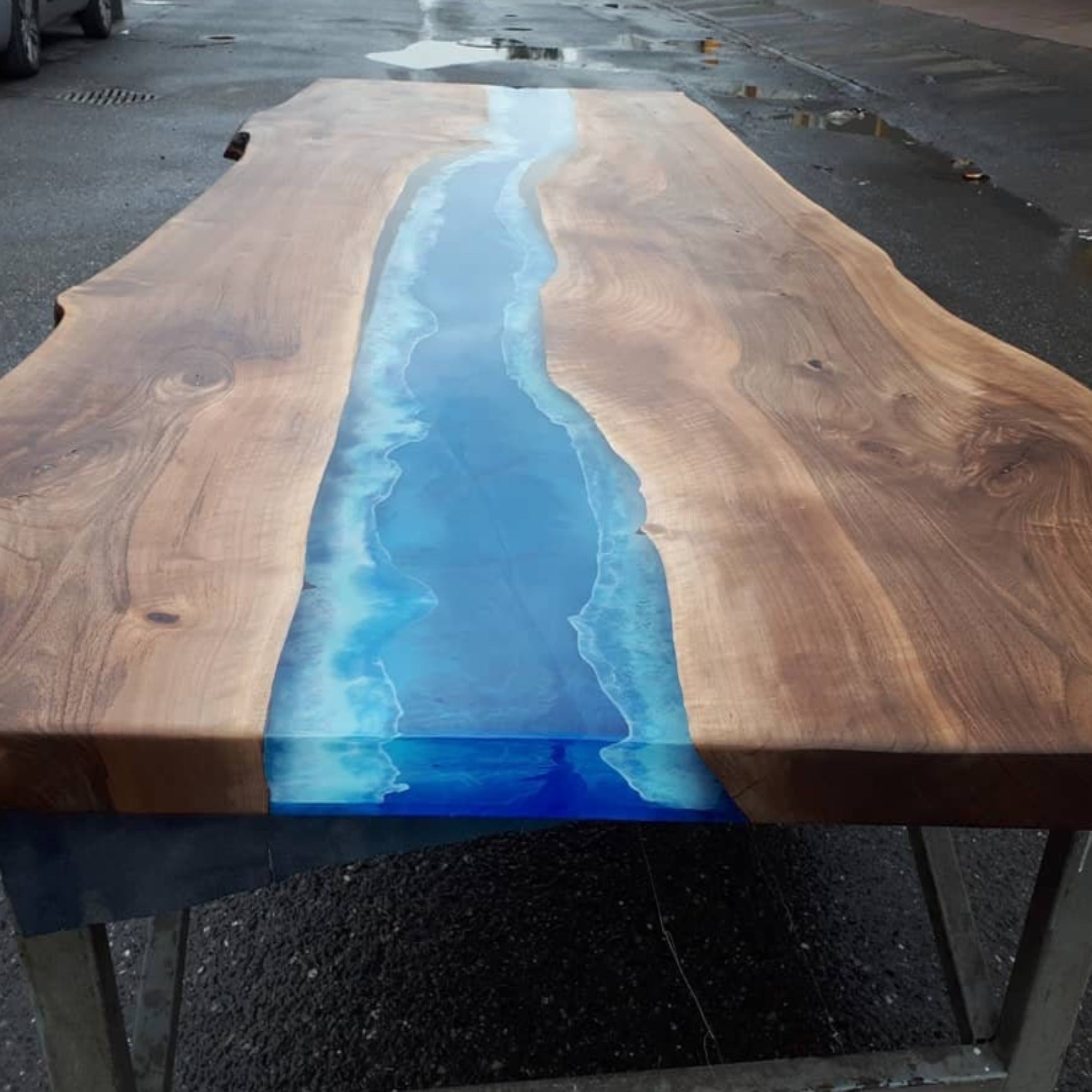 Custom Deep Blue Ocean Epoxy Table - Iron's Custom Wood