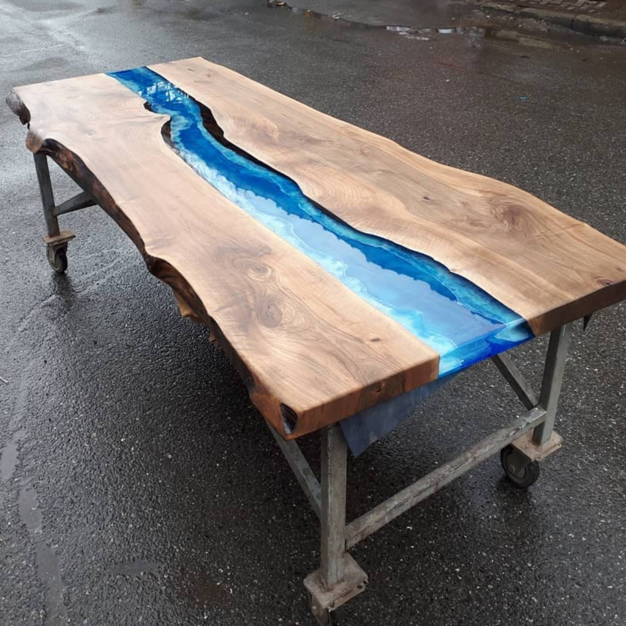 Custom Deep Blue Ocean Epoxy Table - Iron's Custom Wood