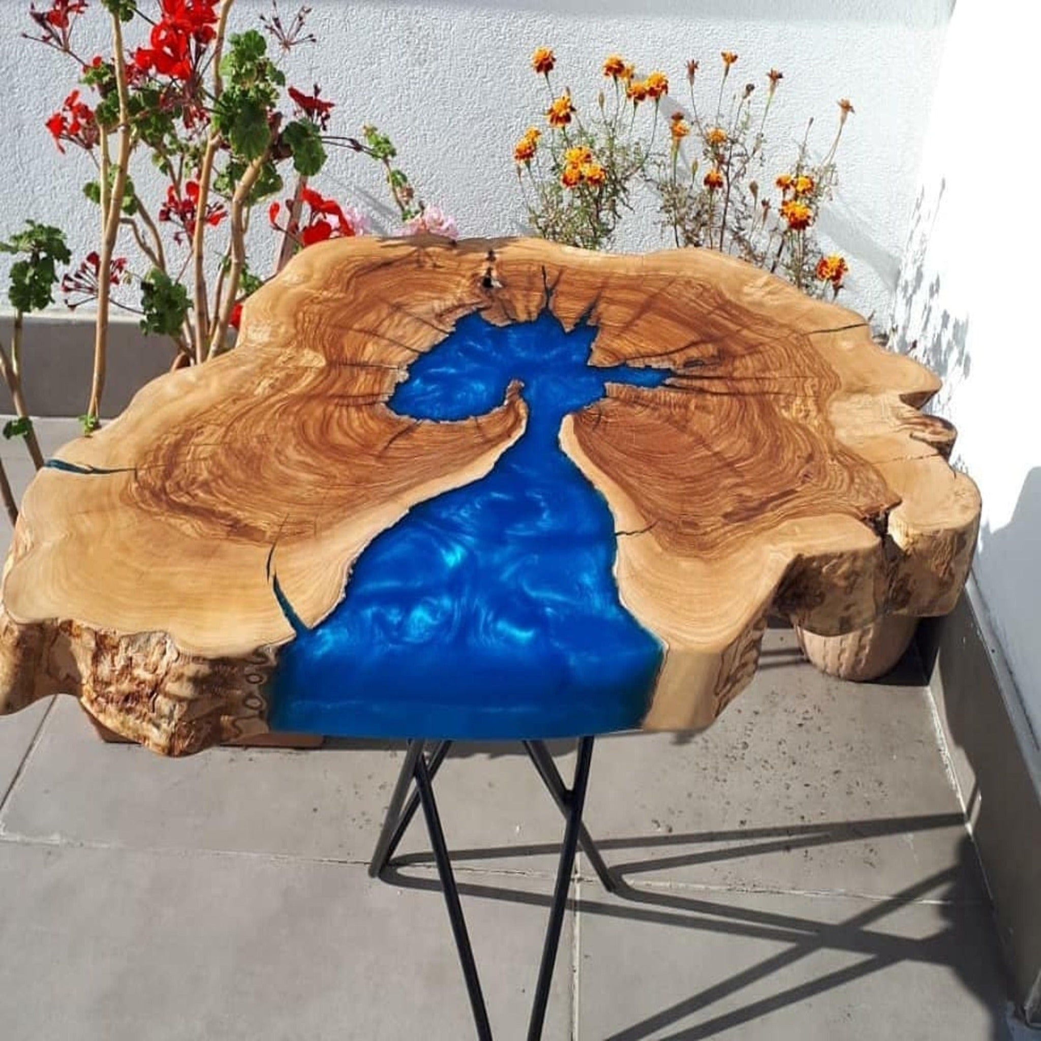 Epoxy Custom Vivid Edge Blue Resin River Olive Wood Coffee Table - Coffee table - Iron's Custom Wood