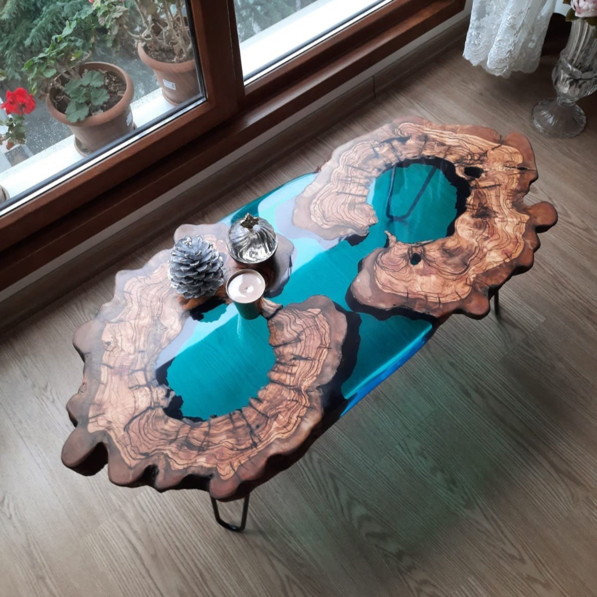 Epoxy Custom Vivid Edge Blue Resin River Olive Wood Coffee Table - Coffee table - Iron's Custom Wood