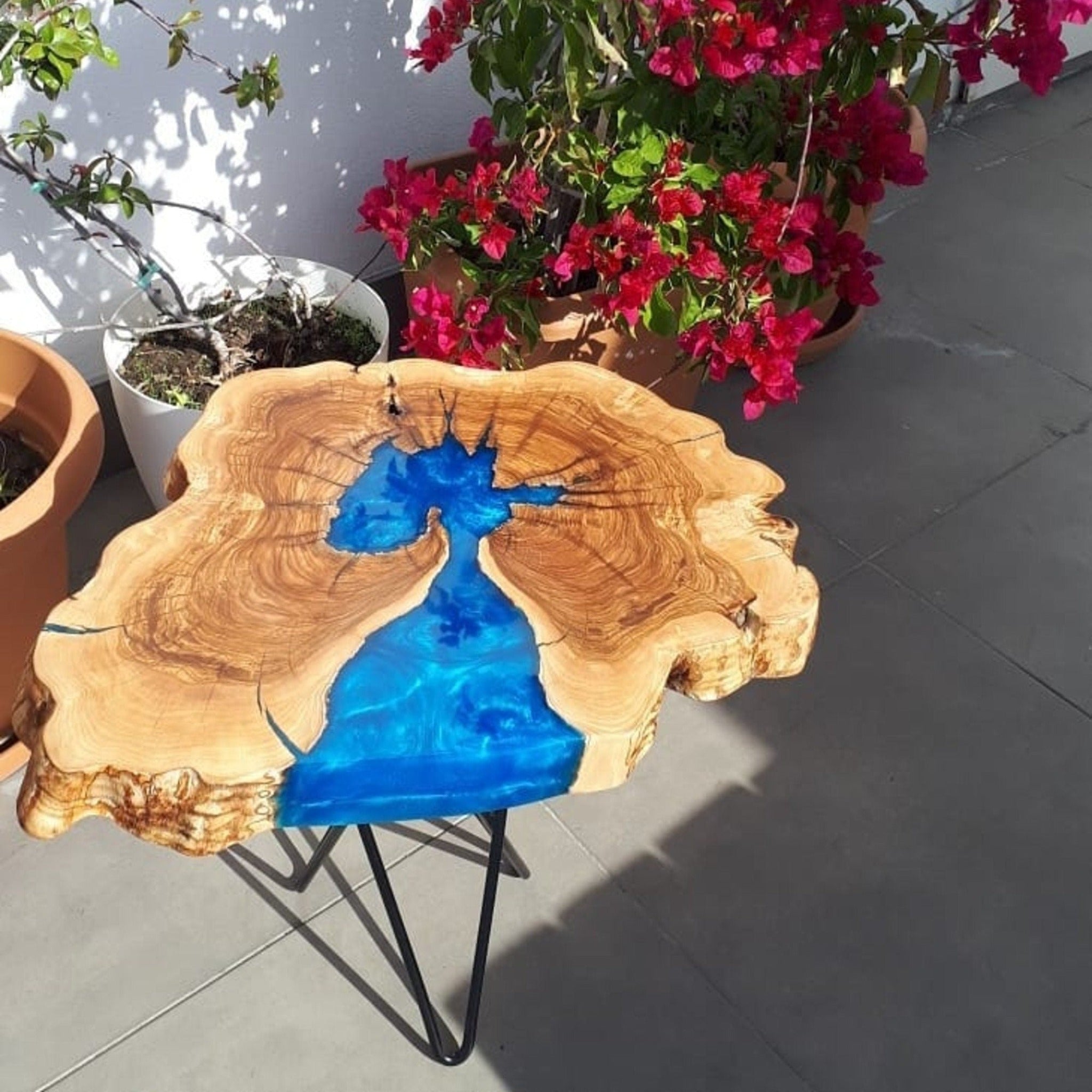 Epoxy Custom Vivid Edge Blue Resin River Olive Wood Coffee Table - Coffee table - Iron's Custom Wood