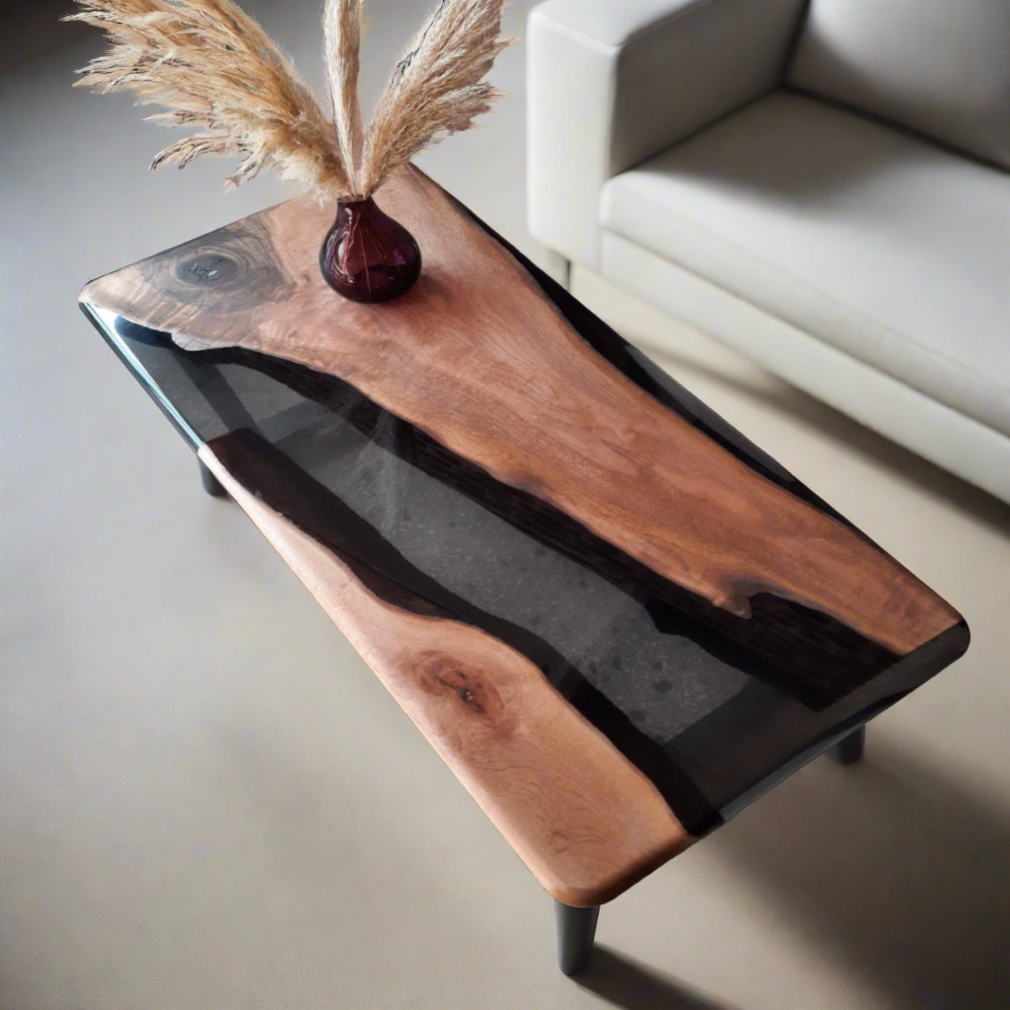 Custom Black Epoxy Coffe Table | Live Edge Walnut Wood