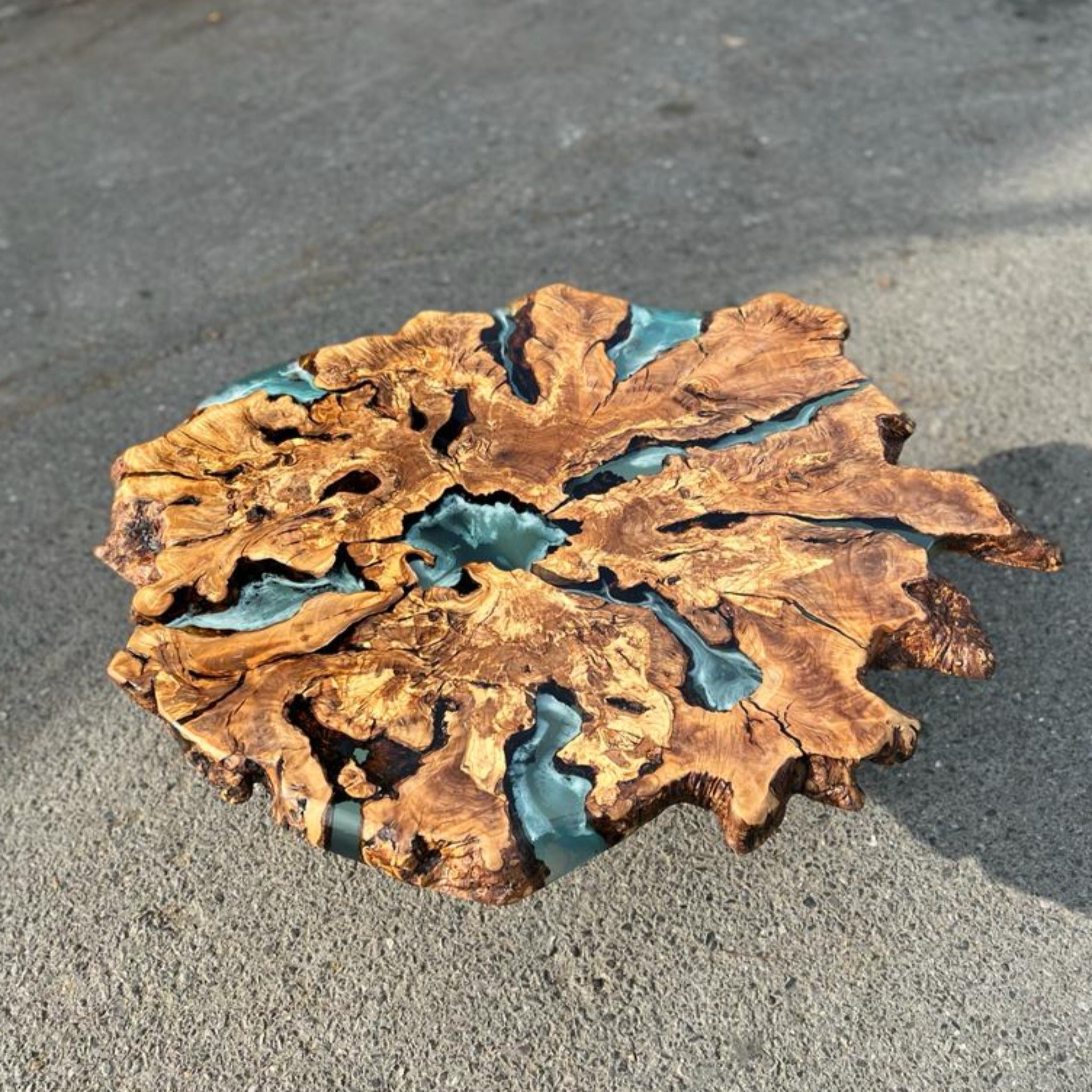 Live Edge Coffee Table with Epoxy Resin Olive Wood Burl Slab Round Custom Center and Side Table