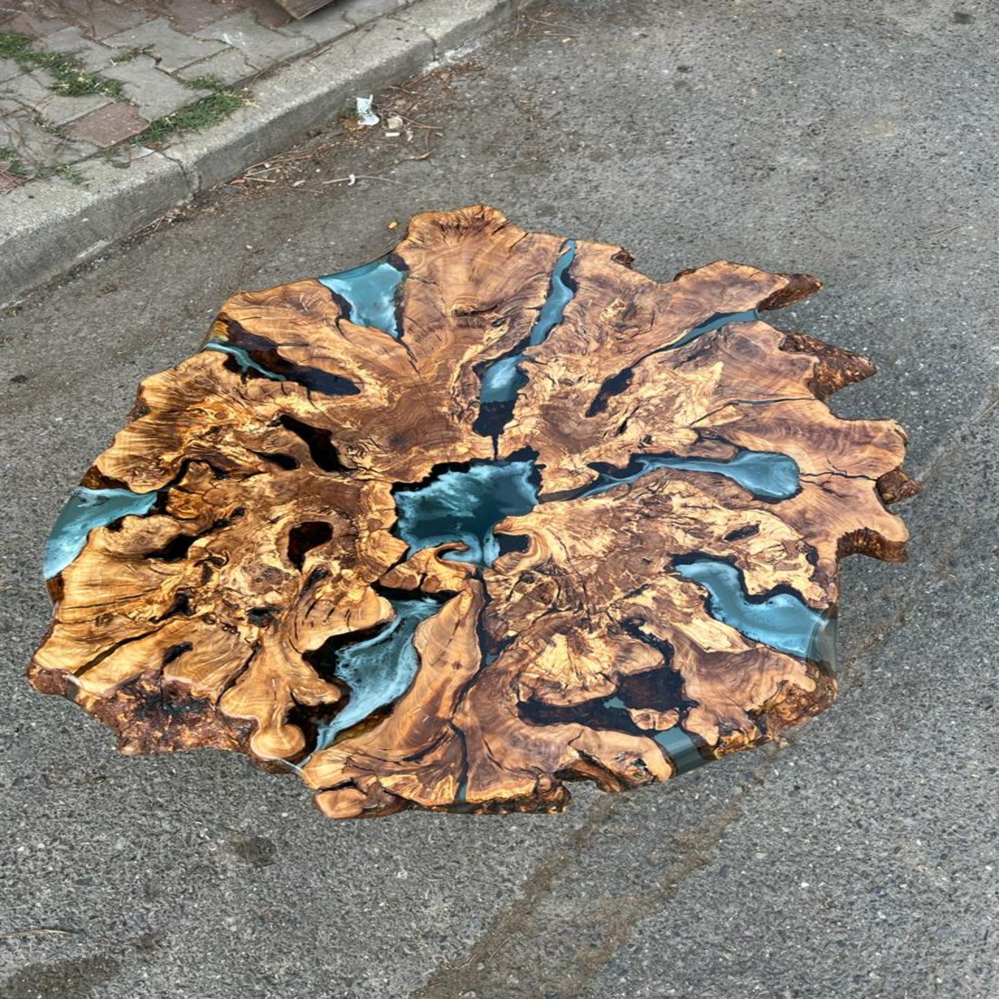 Live Edge Coffee Table with Epoxy Resin Olive Wood Burl Slab Round Custom  Center and Side Table