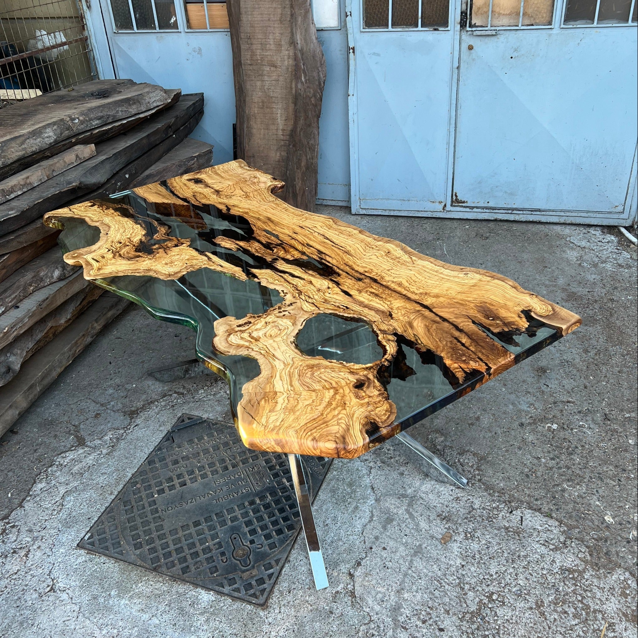 Live edge Clear Epoxy Table made from olive wood - Kitchen & Dining Room Tables - Iron's Custom Wood