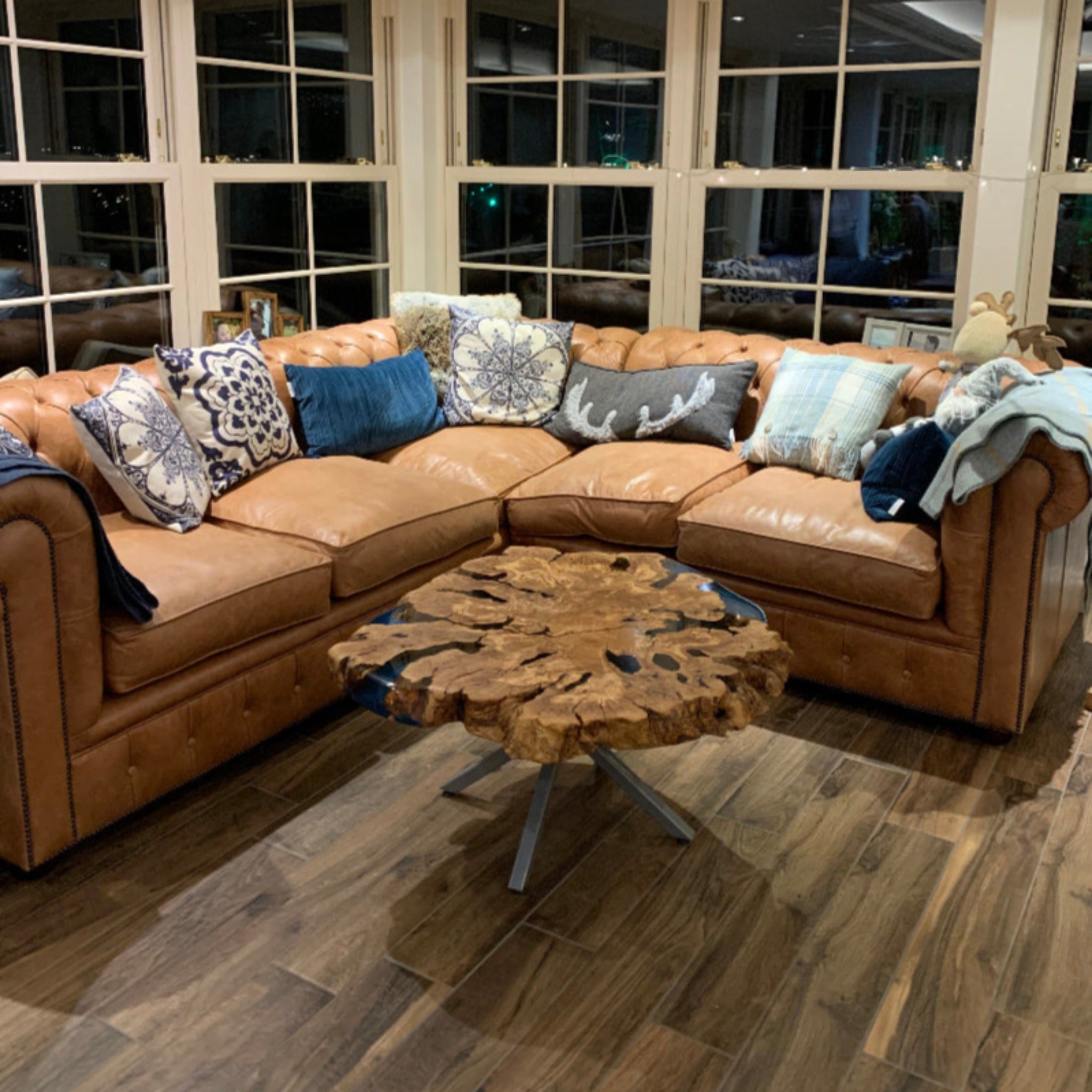 Live Edge Coffee Table with Epoxy Resin Olive Wood Burl Slab Round Custom Center and Side Table - Coffee table - Iron's Custom Wood