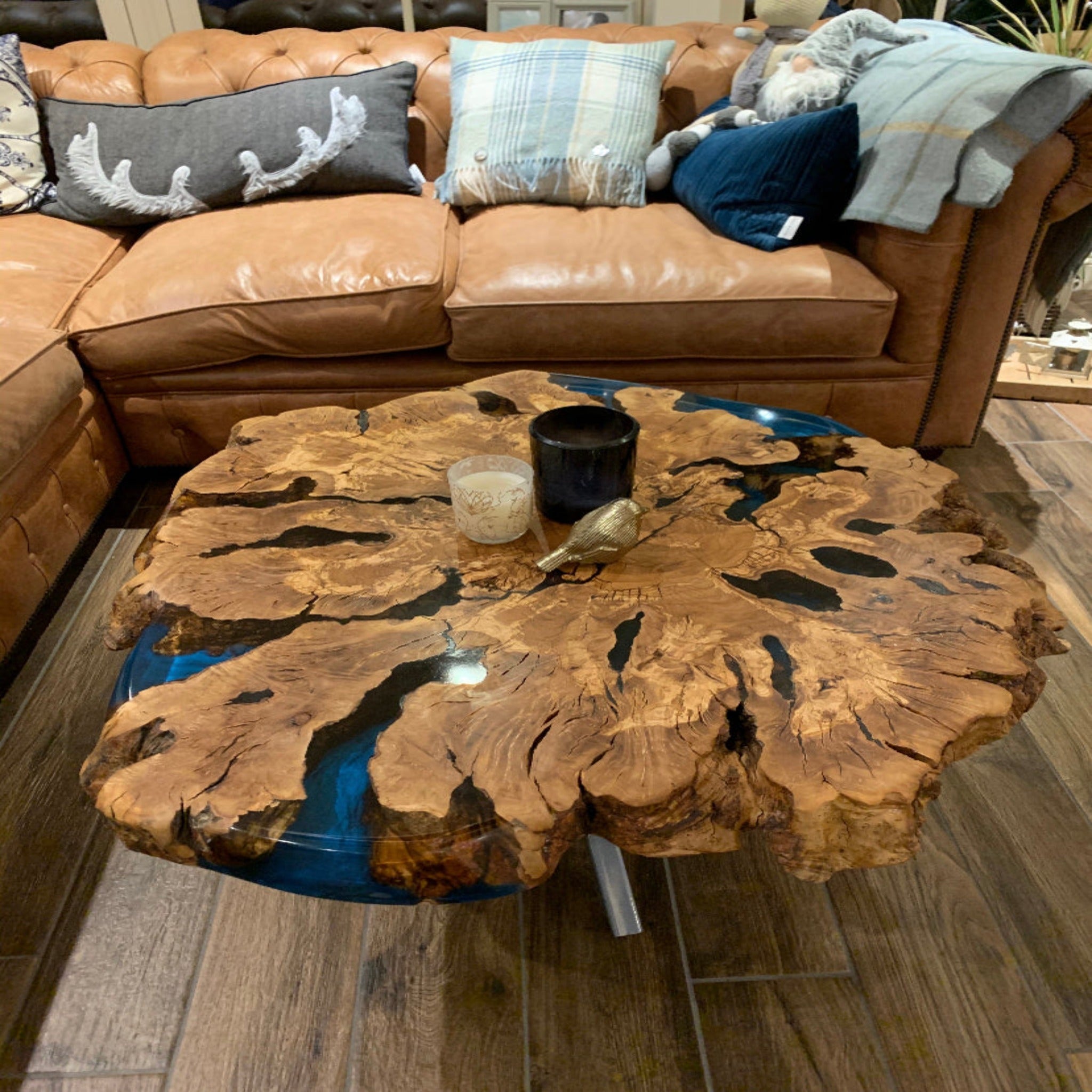 Live Edge Coffee Table with Epoxy Resin Olive Wood Burl Slab Round Custom Center and Side Table - Coffee table - Iron's Custom Wood