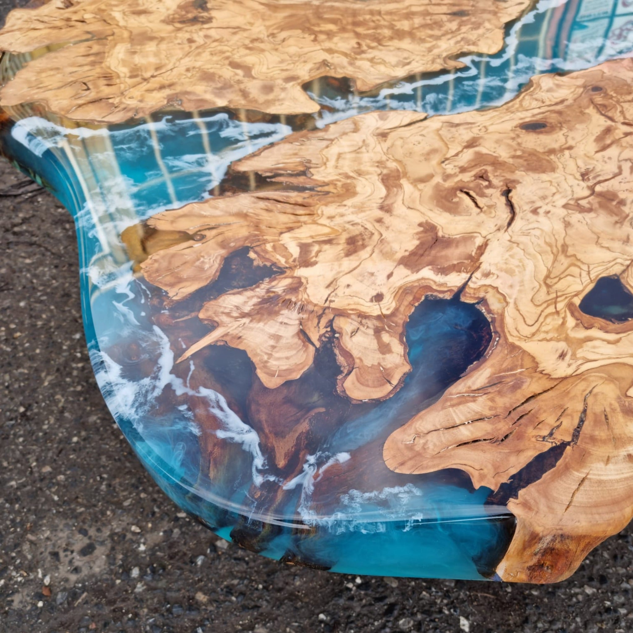 Live Edge Coffee Table with Epoxy Resin Olive Wood Burl Slab Round Custom Center and Side Table - Coffee table - Iron's Custom Wood