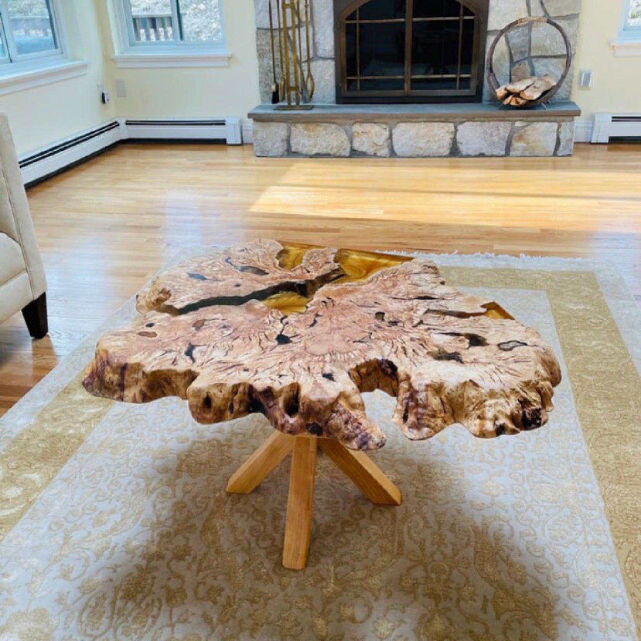 Live Edge Coffee Table with Epoxy Resin Olive Wood Burl Slab Round Custom Center and Side Table - Coffee table - Iron's Custom Wood